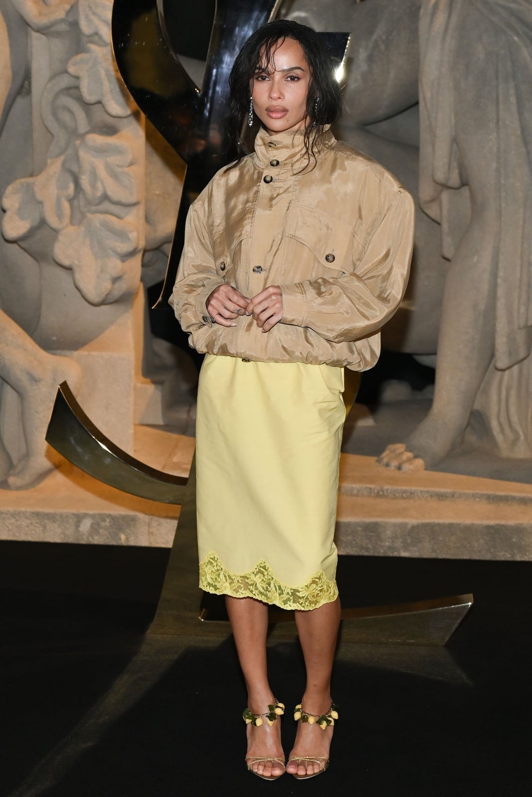 Beige Oversized Jacket Over Lace Trim Midi Skirt — Simple Dressy Outfits