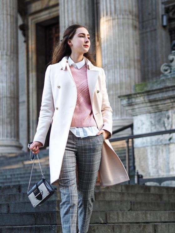 Pink Sweater Under Trench with Plaid Trousers Pink Sweater Under Trench with Plaid Trousers — Simple Everyday Outfits