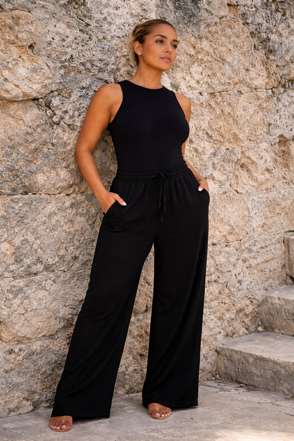 Black Bodysuit with Wide-Leg Jersey Pants Black Bodysuit with Wide-Leg Jersey Pants — Simple Everyday Outfits