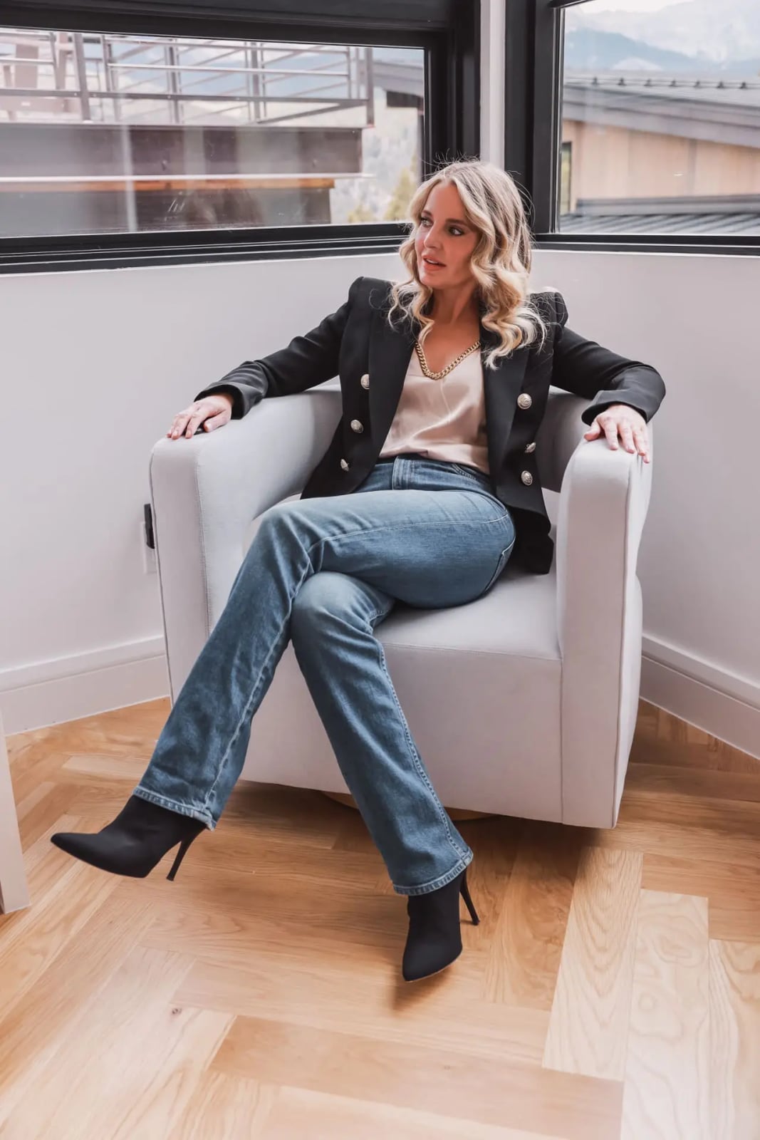 Black Blazer Over Silk Camisole and Bootcut Jeans Black Blazer Over Silk Camisole and Bootcut Jeans — Simple Everyday Outfits