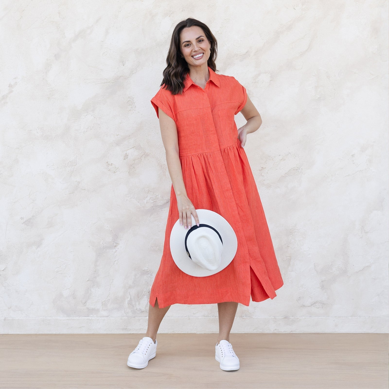Coral Shirt Dress with White Sneakers Coral Shirt Dress with White Sneakers — Simple Everyday Outfits