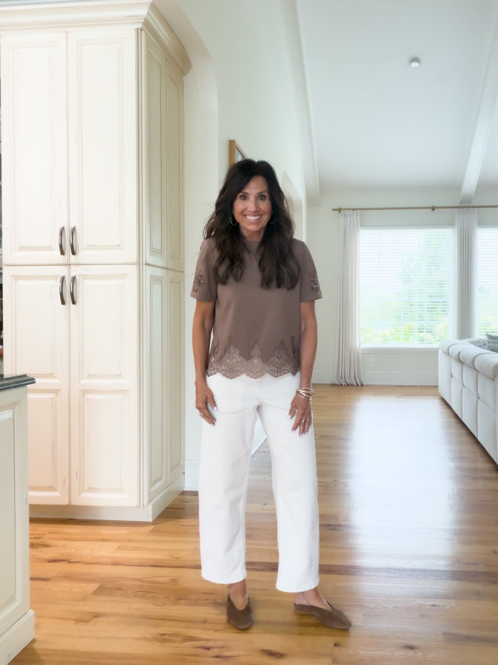 Brown Lace Top with White Wide-Leg Trousers Brown Lace Top with White Wide-Leg Trousers — Simple Everyday Outfits