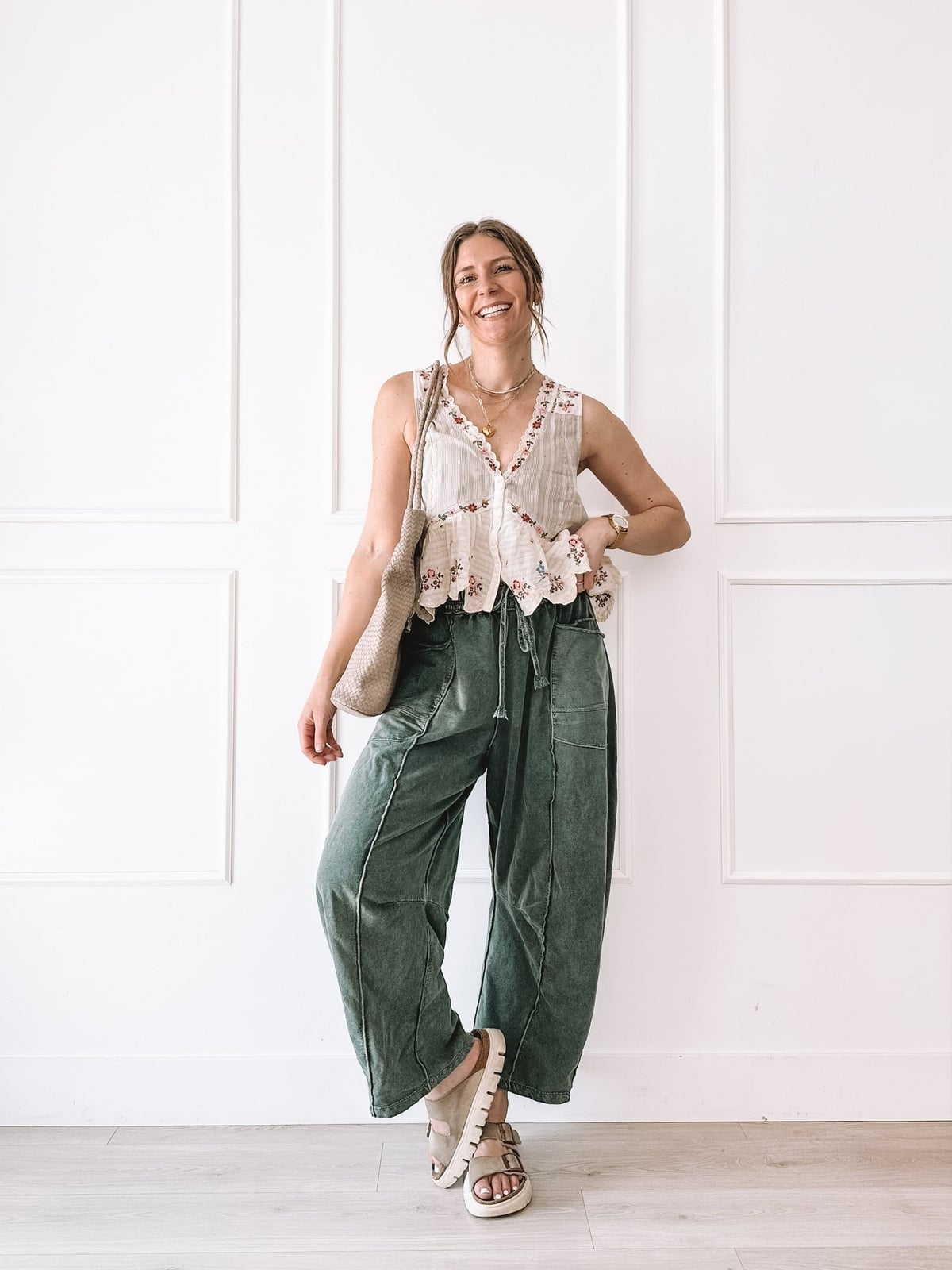 Embroidered Vest with Olive Corduroy Trousers Embroidered Vest with Olive Corduroy Trousers — Simple Everyday Outfits