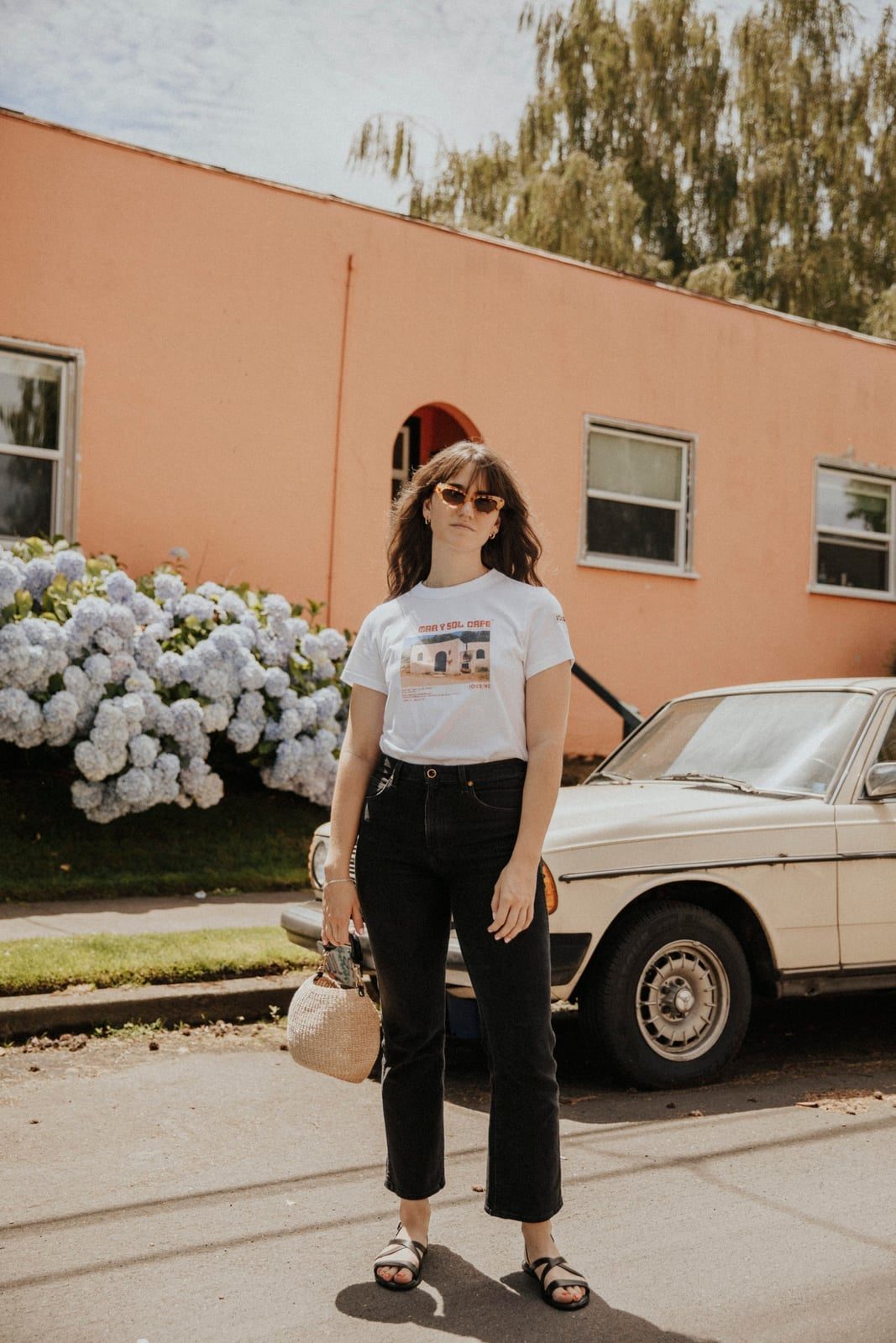 Graphic T-Shirt with Black Jeans and Flat Sandals Graphic T-Shirt with Black Jeans and Flat Sandals — Simple Everyday Outfits