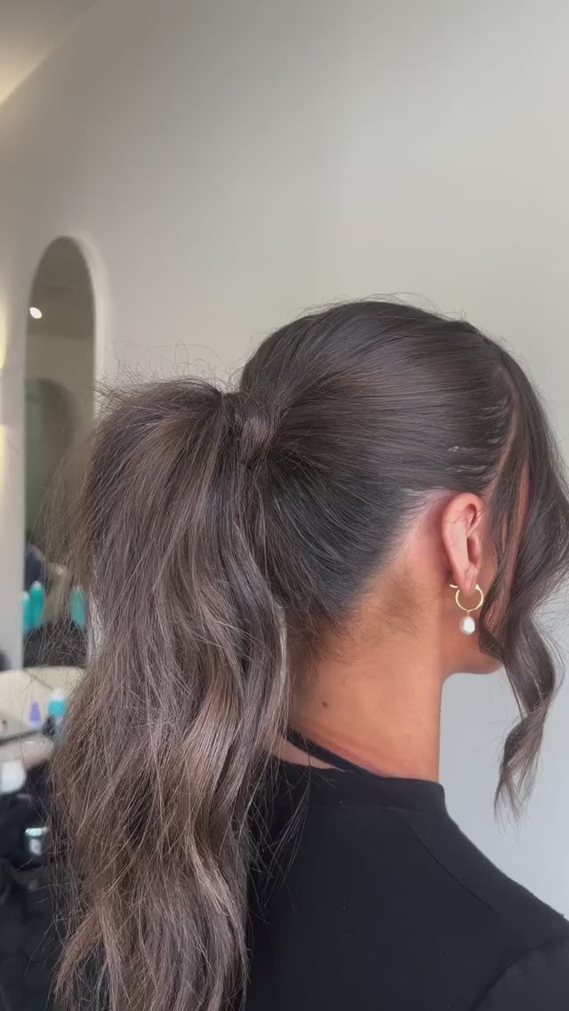 Mid-Back Dark Brown Low Ponytail With Wispy Bangs Mid-Back Dark Brown Low Ponytail With Wispy Bangs — Simple Extensions Hairstyles