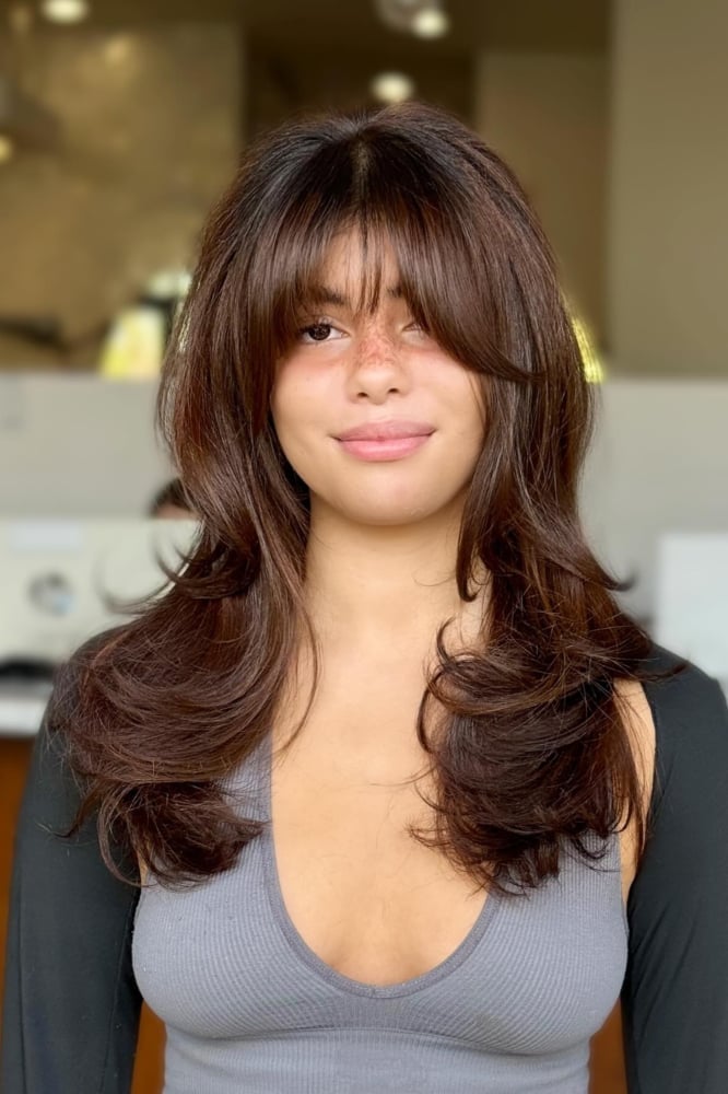 Mid-Back Dark Brown Hair With Full Bangs And Loose Waves — Simple Face Framing Bangs