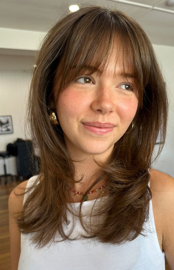 Shoulder Medium Brown With Curtain Bangs — Simple Face Framing Bangs