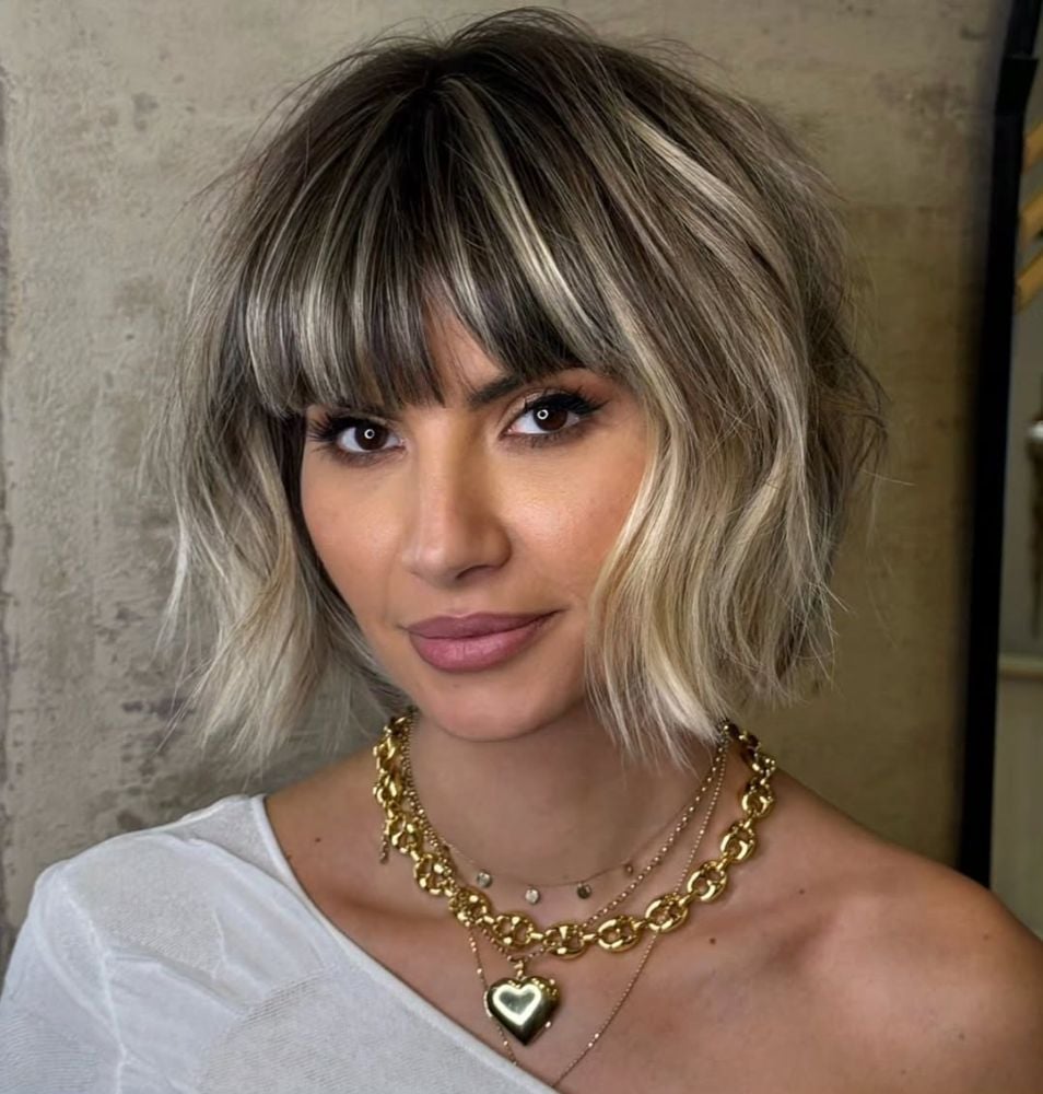 Chin Length Bob With Textured Blunt Bangs and Wavy Fine Hair — Simple Face Framing Bangs