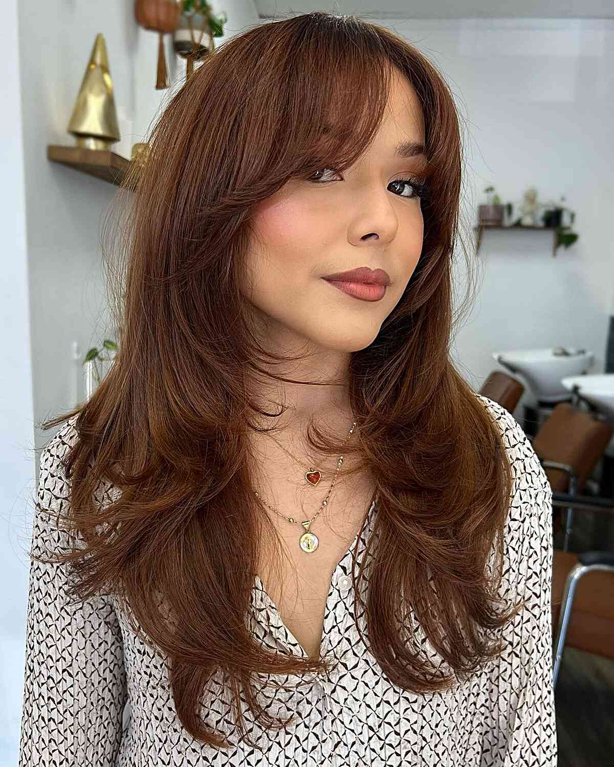 Mid-Back Reddish-Brown Hair With Face-Framing Layers — Simple Face Framing Bangs