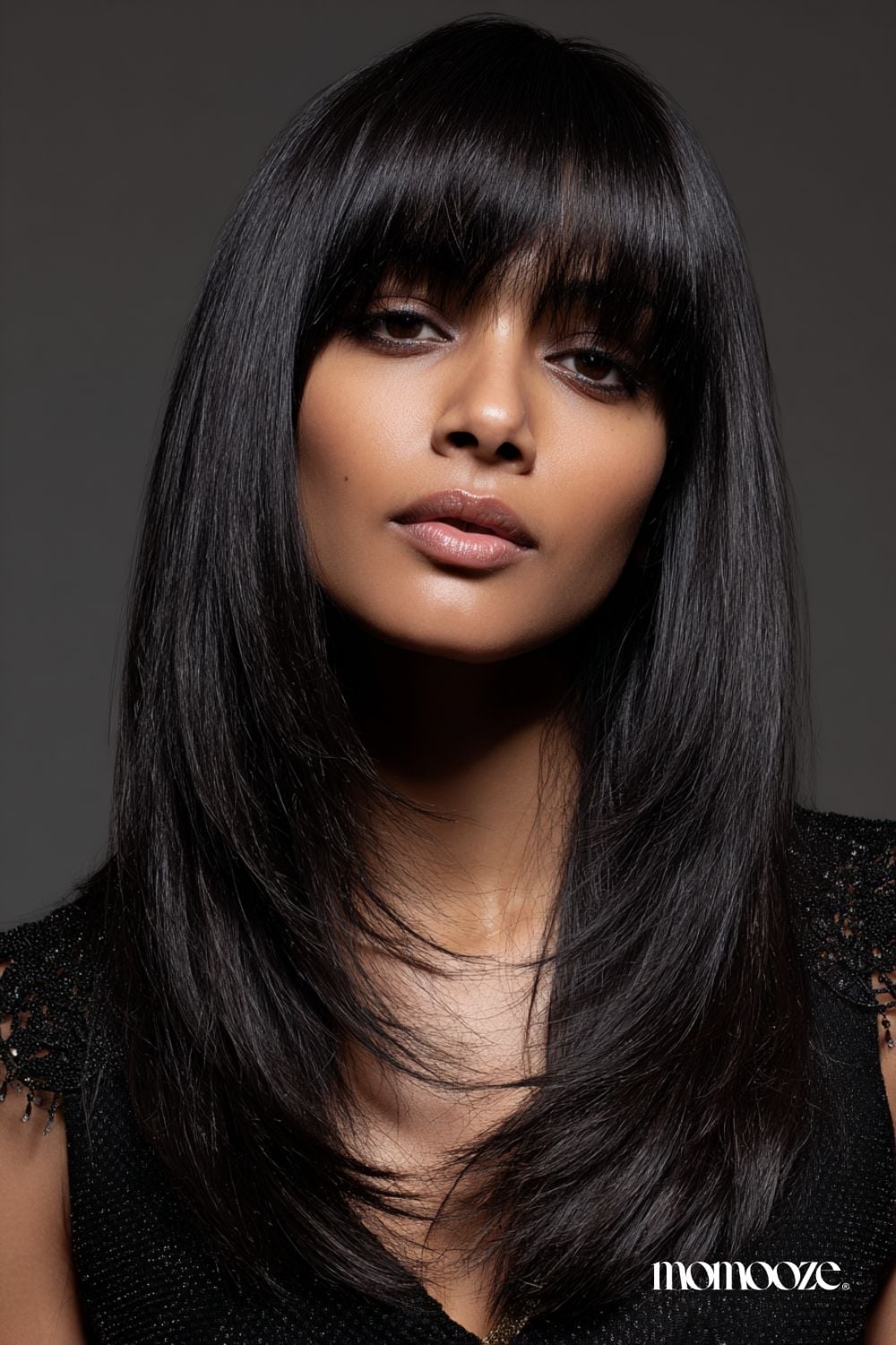 Long Black Hair With Full Bangs And Face-Framing Layers — Simple Face Framing Bangs