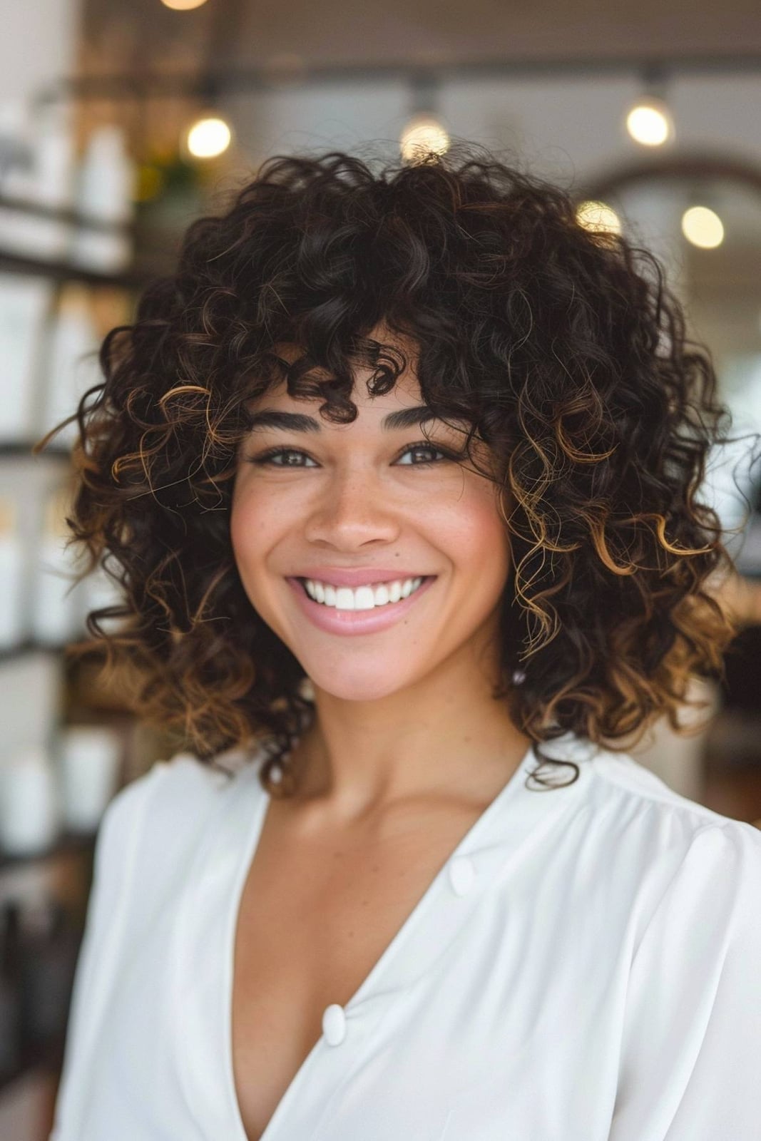 Collarbone Curly Dark Brown With Blonde Highlights Collarbone Curly Dark Brown With Blonde Highlights — Simple Face Framing Highlights