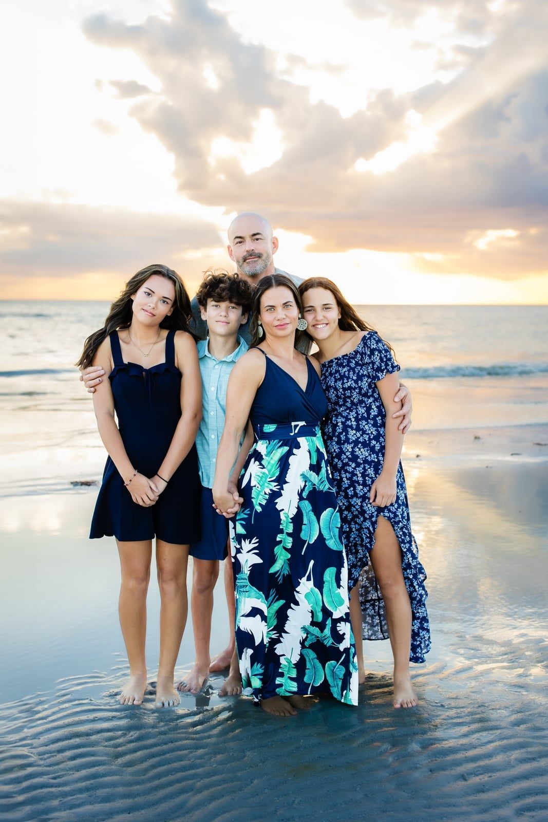 Navy Blue Dress with Leaf Print for a Sunset Beach Gathering Navy Blue Dress with Leaf Print for a Sunset Beach Gathering — Simple Family Photo Outfits