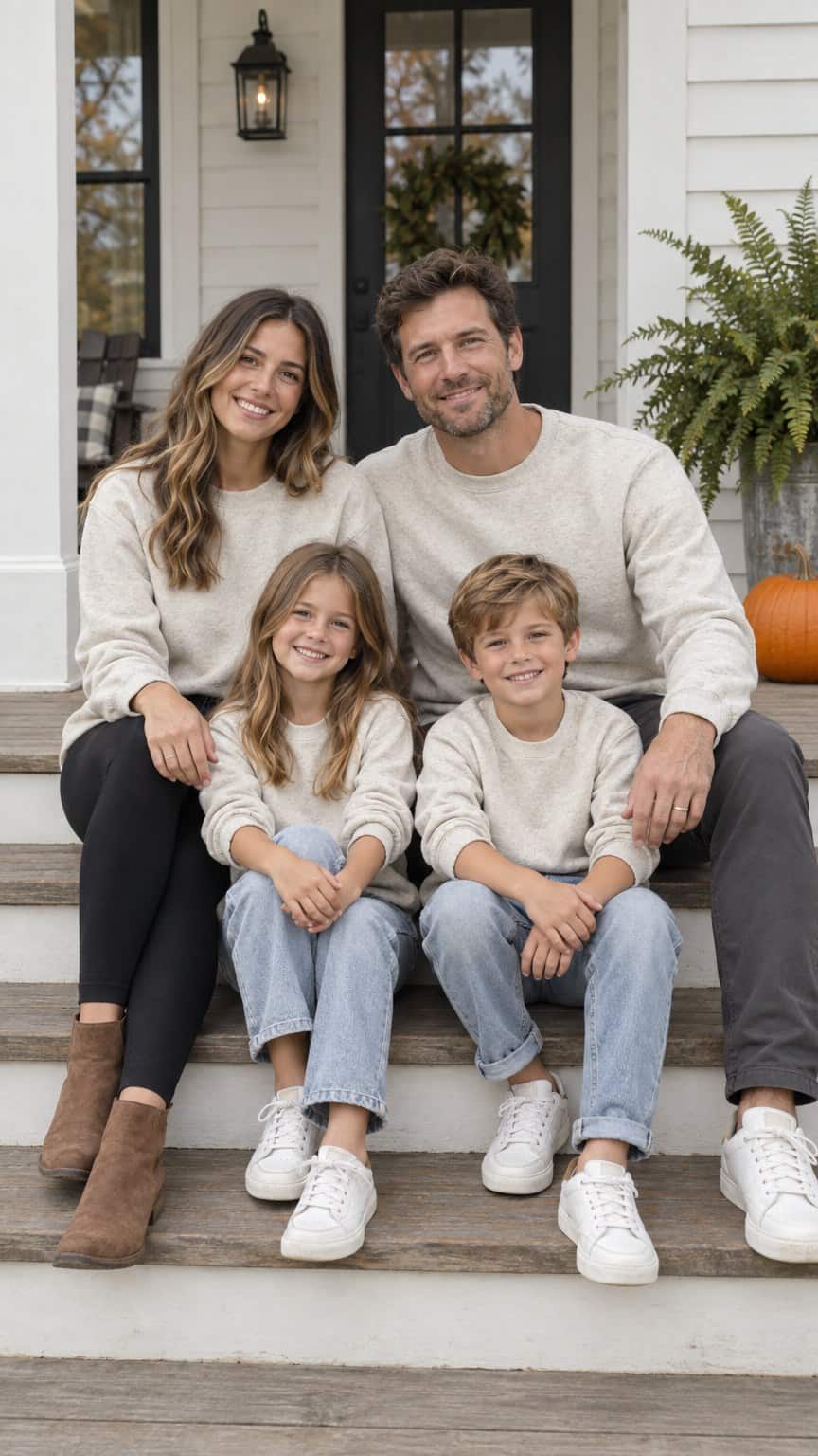 Coordinated Cream Sweaters for a Unified Family Portrait Coordinated Cream Sweaters for a Unified Family Portrait — Simple Family Photo Outfits
