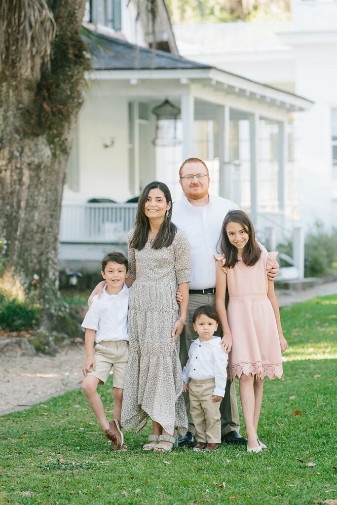 Floral Print Midi Dress with Neutral Tones for a Cohesive Look Floral Print Midi Dress with Neutral Tones for a Cohesive Look — Simple Family Photo Outfits