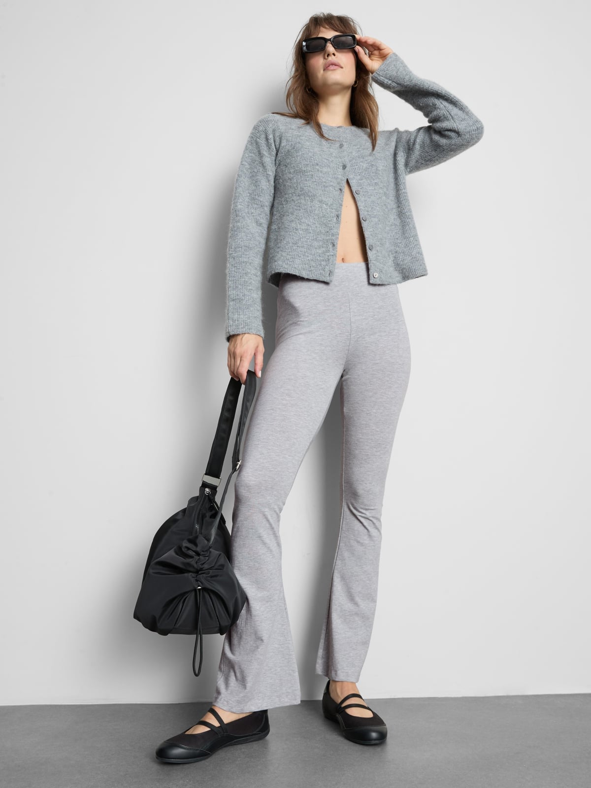 Grey Knit Flare Leggings with Cropped Cardigan, Close-Up Take — Simple Flare Leggings Outfits