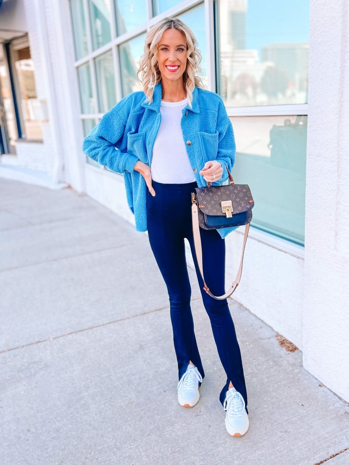 Textured Jacket Over Navy Flare Leggings — Simple Flare Leggings Outfits