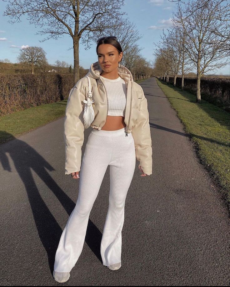 Faux Leather Puffer Jacket with White Flare Leggings — Simple Flare Leggings Outfits