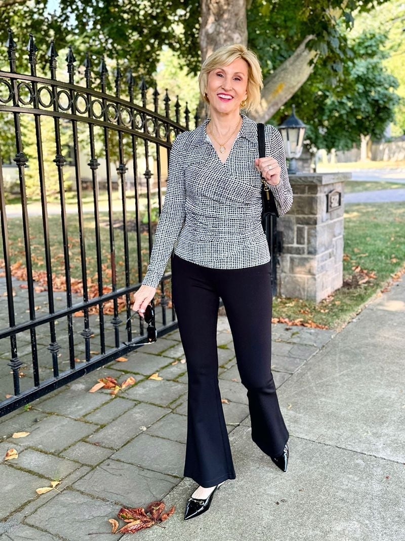 Wrap Top and Pointed Heels with Black Flare Leggings — Simple Flare Leggings Outfits