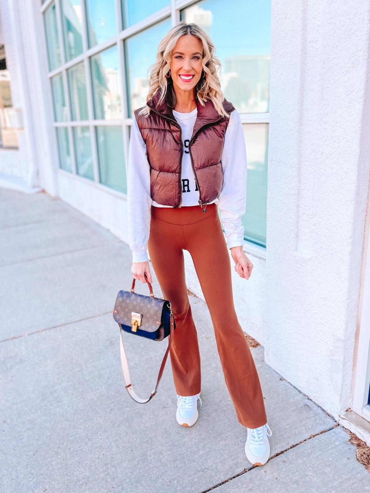 Cropped Puffer Vest Over Flare Leggings — Simple Flare Leggings Outfits