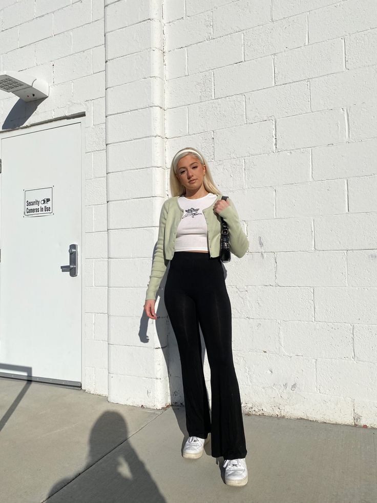 Pastel Green Cardigan with Black Flare Leggings — Simple Flare Leggings Outfits