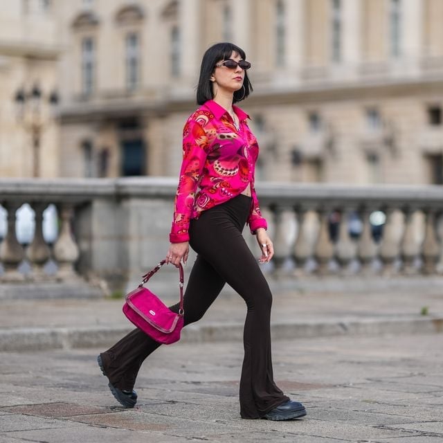 Bold Printed Shirt Over Brown Flare Leggings — Simple Flare Leggings Outfits