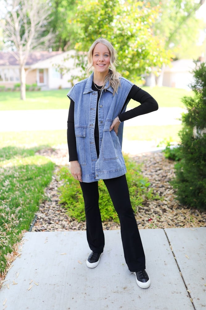 Oversized Denim Vest Over Long-Sleeve Top — Simple Flare Leggings Outfits