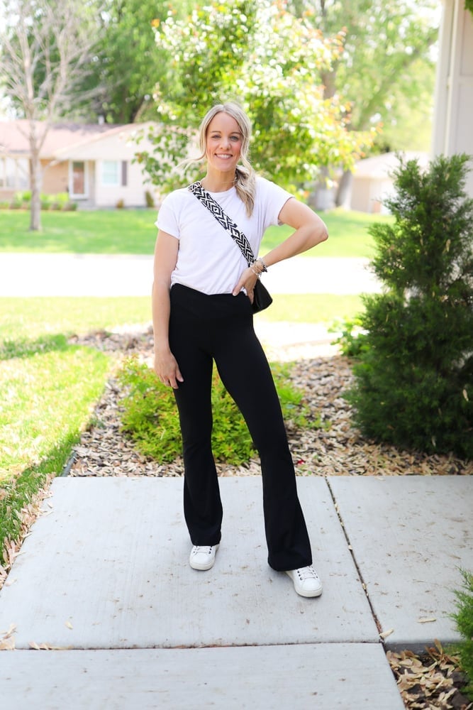Crossbody Bag Strap Detail with Flare Leggings — Simple Flare Leggings Outfits