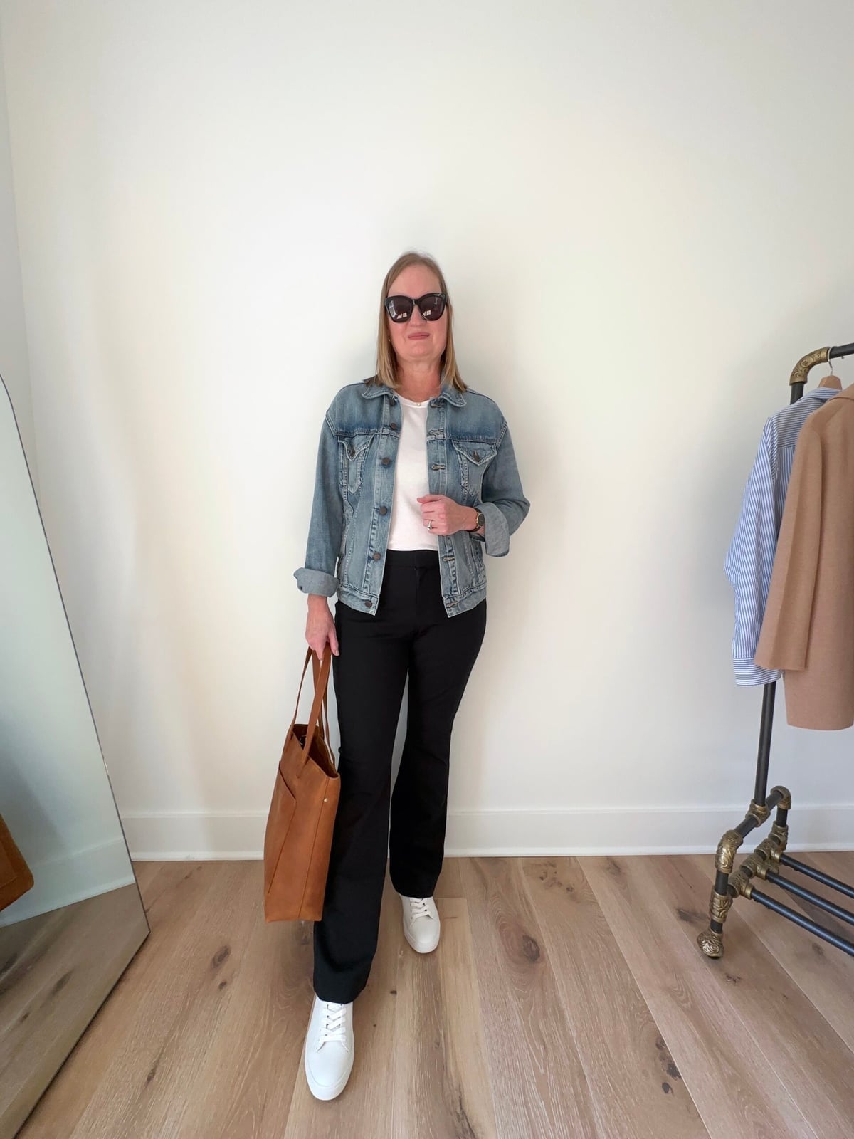 Denim Jacket and White T-Shirt with Flare Pants — Simple Flare Leggings Outfits