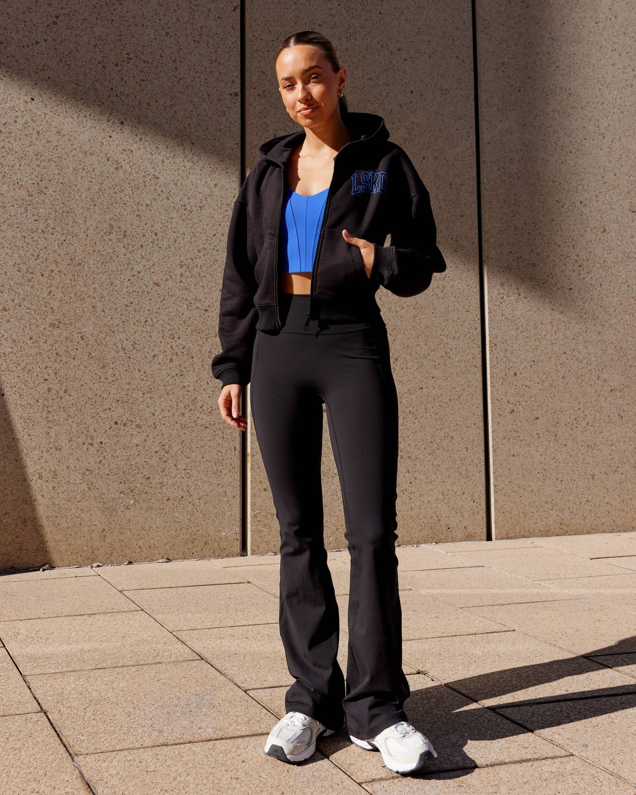 Zip-Up Hoodie and Ribbed Crop Top with Flare, Office-Safe Version — Simple Flare Leggings Outfits