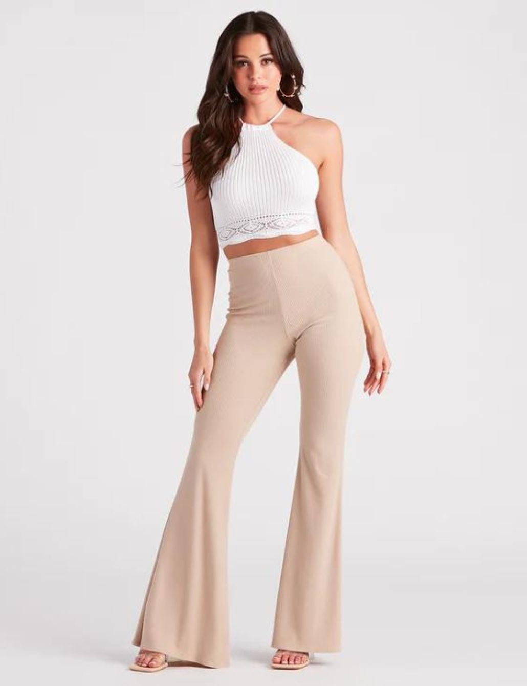 Ribbed Halter Top Pairs with Beige Flare Pants, Close-Up Take — Simple Flare Leggings Outfits