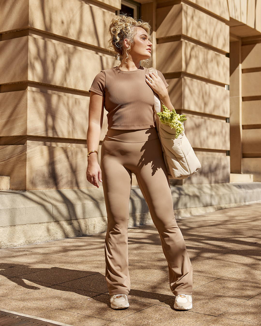 Neutral Tones in Ribbed Knit Set With Wide Leg — Simple Flare Leggings Outfits