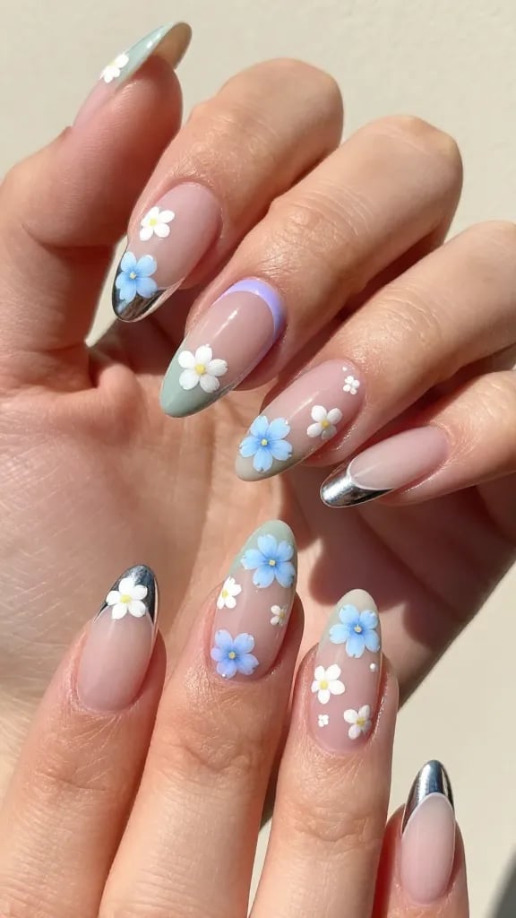 Nude Nails with 3D Blue Flowers and Chrome French Tips Nude Nails with 3D Blue Flowers and Chrome French Tips — Simple Floral Nails
