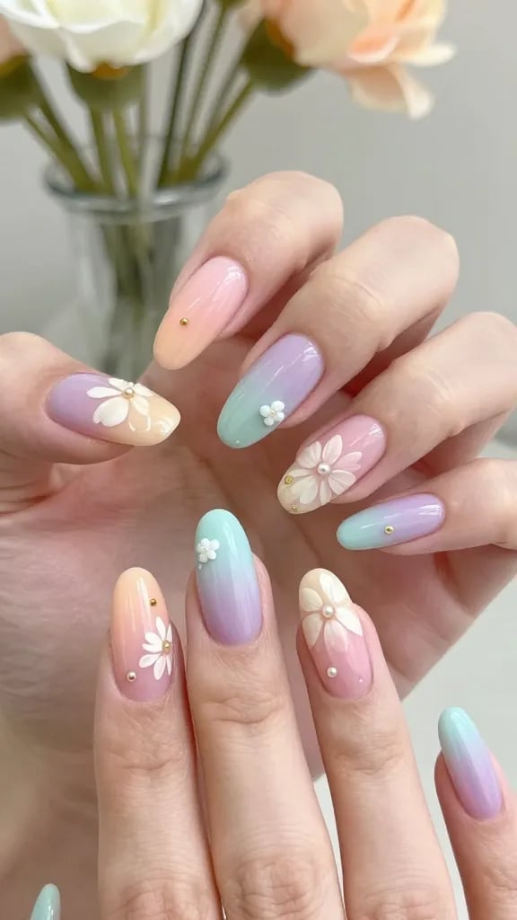 Pastel Gradient Nails with 3D White Flowers Pastel Gradient Nails with 3D White Flowers — Simple Floral Nails