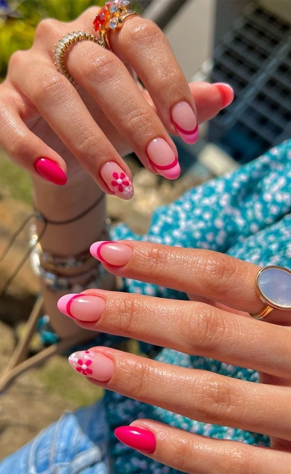 Sheer Pink Nails with Hot Pink Double French Tips Sheer Pink Nails with Hot Pink Double French Tips — Simple Floral Nails