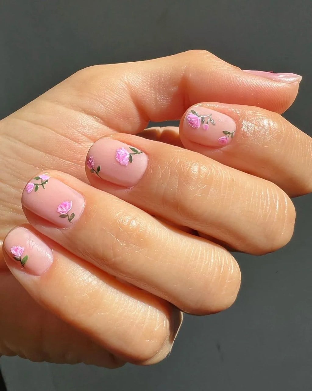 Short Square Pink Base with Delicate Floral Art Short Square Pink Base with Delicate Floral Art — Simple Floral Nails