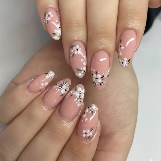 Dusty Rose Nails with White Floral Cuticle Art Dusty Rose Nails with White Floral Cuticle Art — Simple Floral Nails