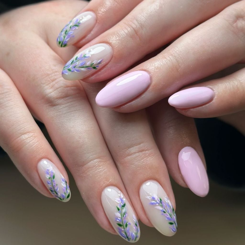 Sheer Base with Hand-Painted Lavender Sprigs Sheer Base with Hand-Painted Lavender Sprigs — Simple Floral Nails