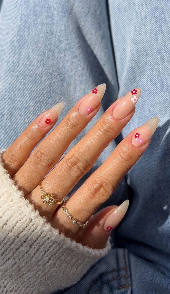 Long Almond Nails with Scattered Pink and Red Flowers Long Almond Nails with Scattered Pink and Red Flowers — Simple Floral Nails