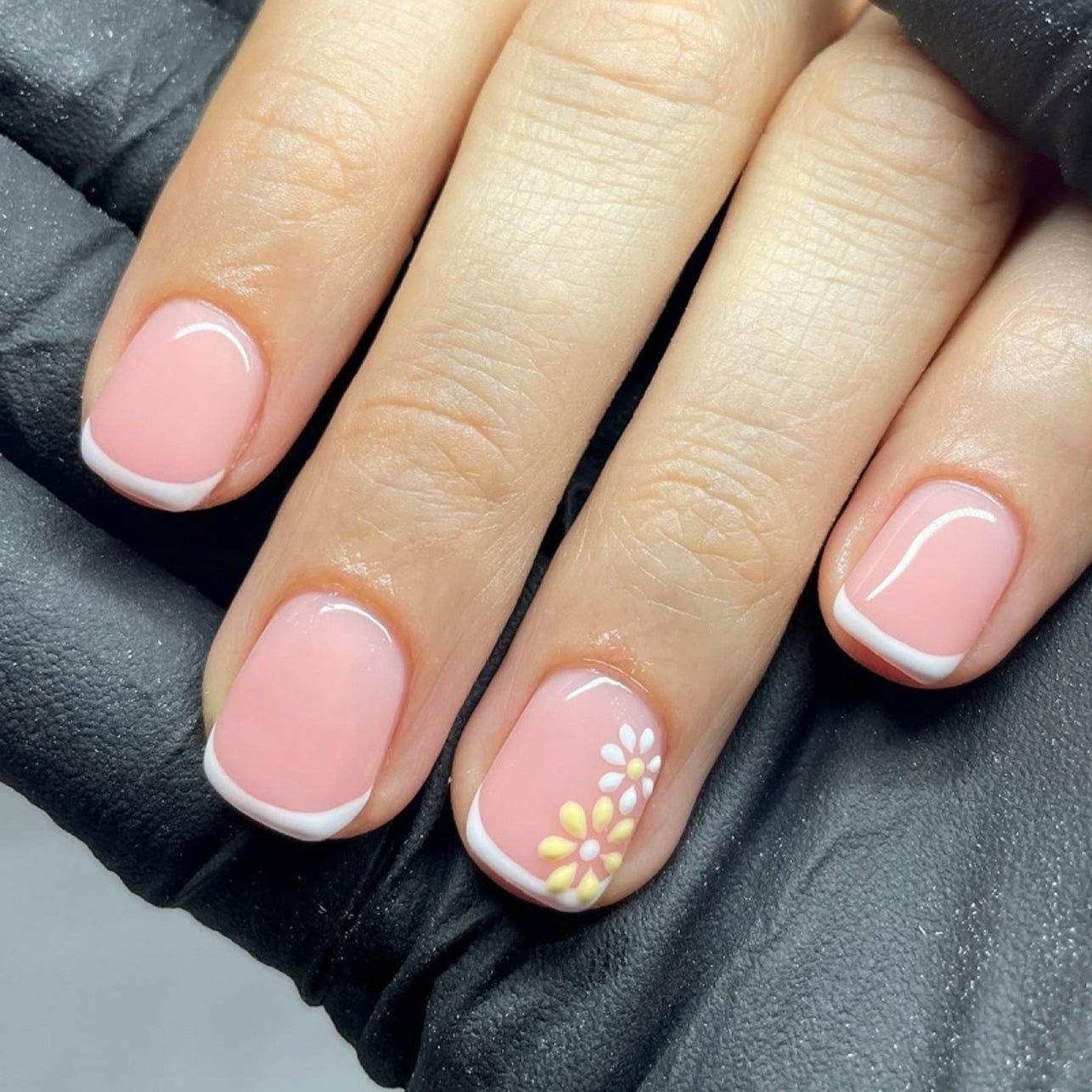 Floral Art White French Short Square Floral Art White French Short Square — Simple French Nails