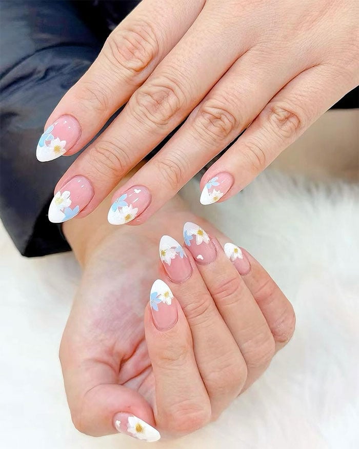 White Floral Art Medium Almond French White Floral Art Medium Almond French — Simple French Nails