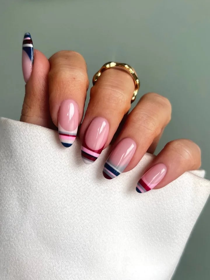 Striped French Medium Oval Nails Striped French Medium Oval Nails — Simple French Nails