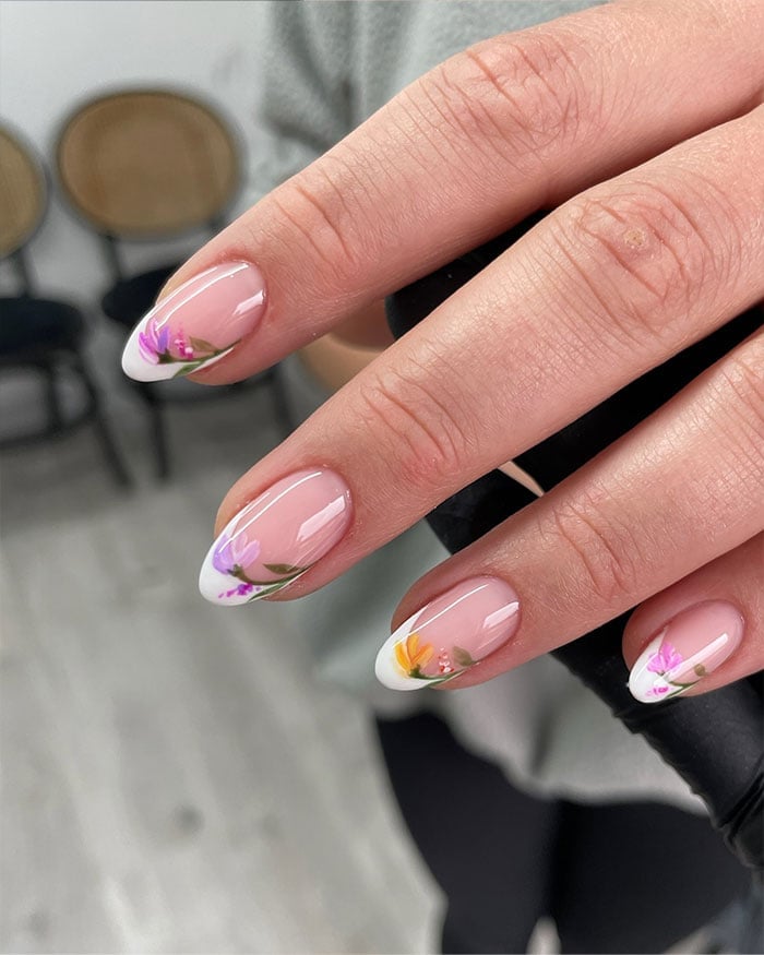 Delicate Floral Art Medium Almond French, Glossy Delicate Floral Art Medium Almond French, Glossy — Simple French Nails