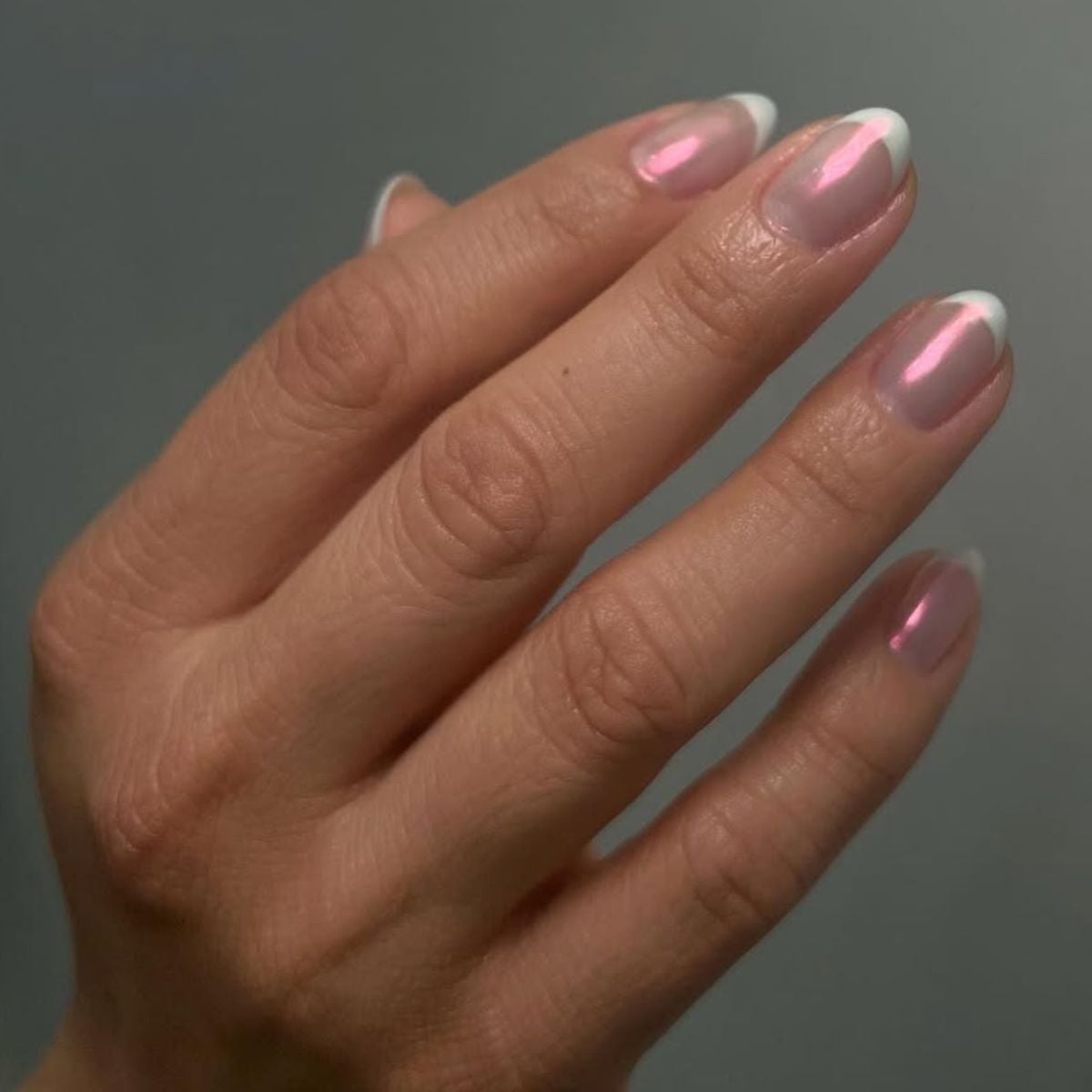 Iridescent Overlay French Medium Almond Iridescent Overlay French Medium Almond — Simple French Nails