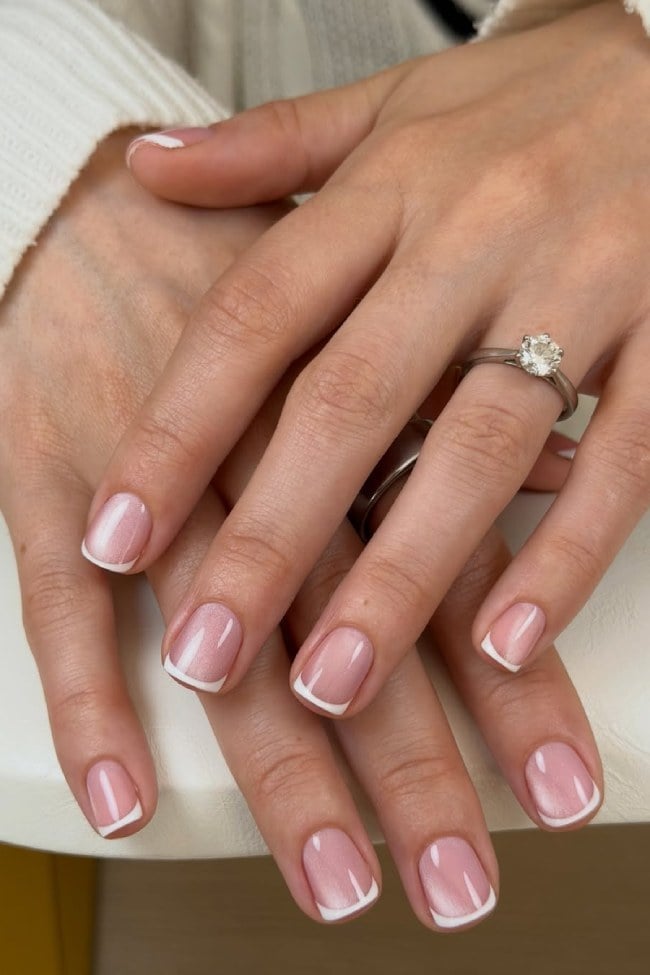 Shimmer Pink Base Short Almond French Shimmer Pink Base Short Almond French — Simple French Nails