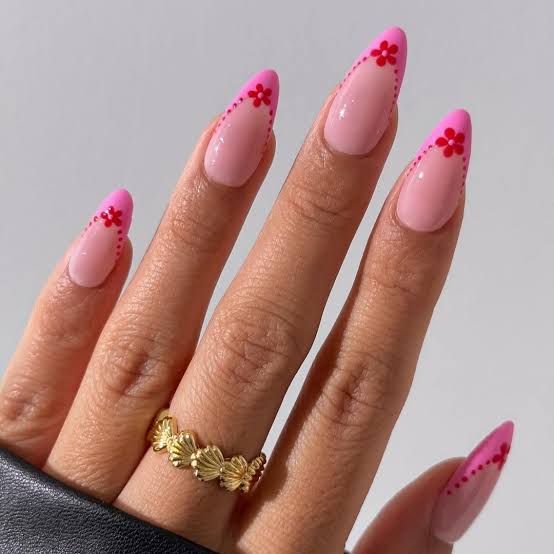 Medium Almond Pink French Tips With Floral Art Medium Almond Pink French Tips With Floral Art — Simple French Tip Nails