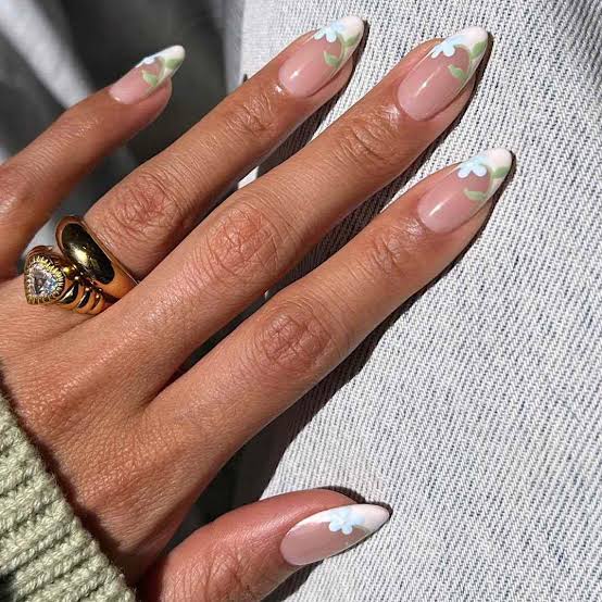 Medium Almond White French Tips With Green Floral Art, Glossy Medium Almond White French Tips With Green Floral Art, Glossy — Simple French Tip Nails