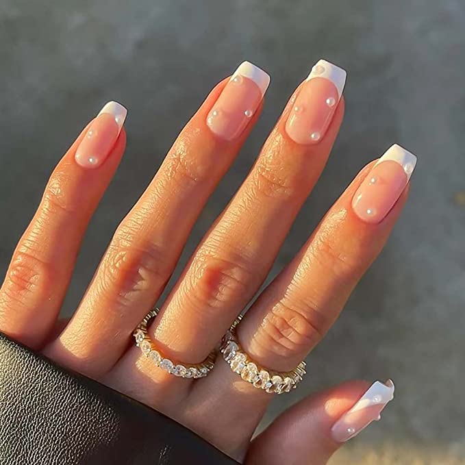 Medium Square White French Tips With Pearls Medium Square White French Tips With Pearls — Simple French Tip Nails
