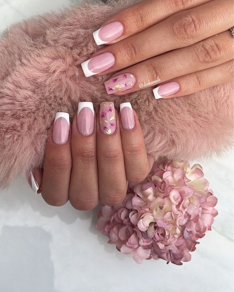 Short Square White French Tips With Gold Foil Short Square White French Tips With Gold Foil — Simple French Tip Nails