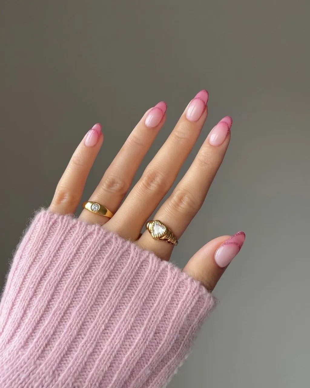 Medium Almond Pink Glitter French Tips Medium Almond Pink Glitter French Tips — Simple French Tip Nails