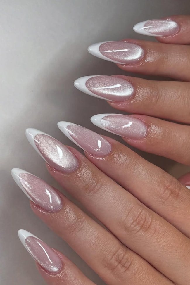 Long Almond Pearly Chrome White French Tips Long Almond Pearly Chrome White French Tips — Simple French Tip Nails